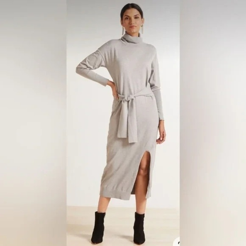 EVEREVE Women Adelyn Sweater Midi Dress Sz M Gray Turtleneck Slit Belt Pullover